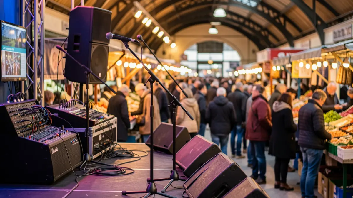 Imaxe dun escenario nun mercado con equipos de son e iluminación cálida.