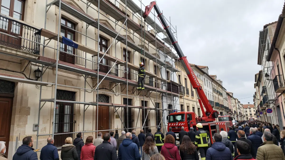 Imaxe dun traballador sendo rescatado por bombeiros dun andamio en Pontevedra.