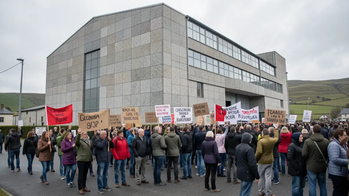 Imaxe xenérica de manifestación de traballadores civís diante dun edificio industrial en Galicia.