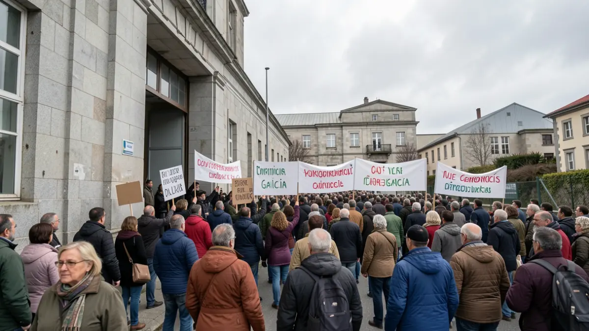 Imaxe xenérica de traballadores protestando diante dunha fábrica.