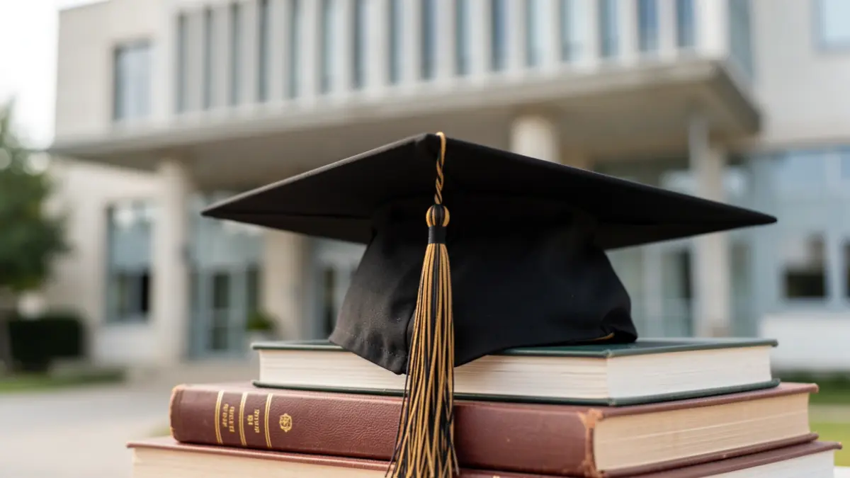 Imaxe xenérica dun birrete de graduación sobre libros, cunha universidade galega ao fondo.