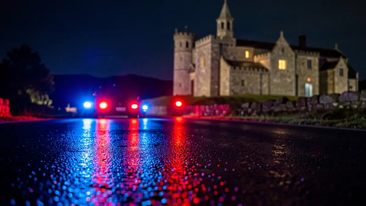 Imaxe xenérica de luces de emerxencia reflectindo nunha estrada mollada pola noite.