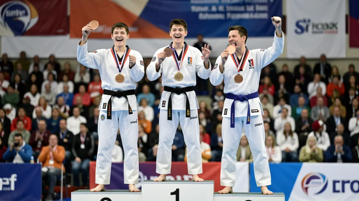 Imaxe xenérica de tres taekwondistas celebrando nun podio.