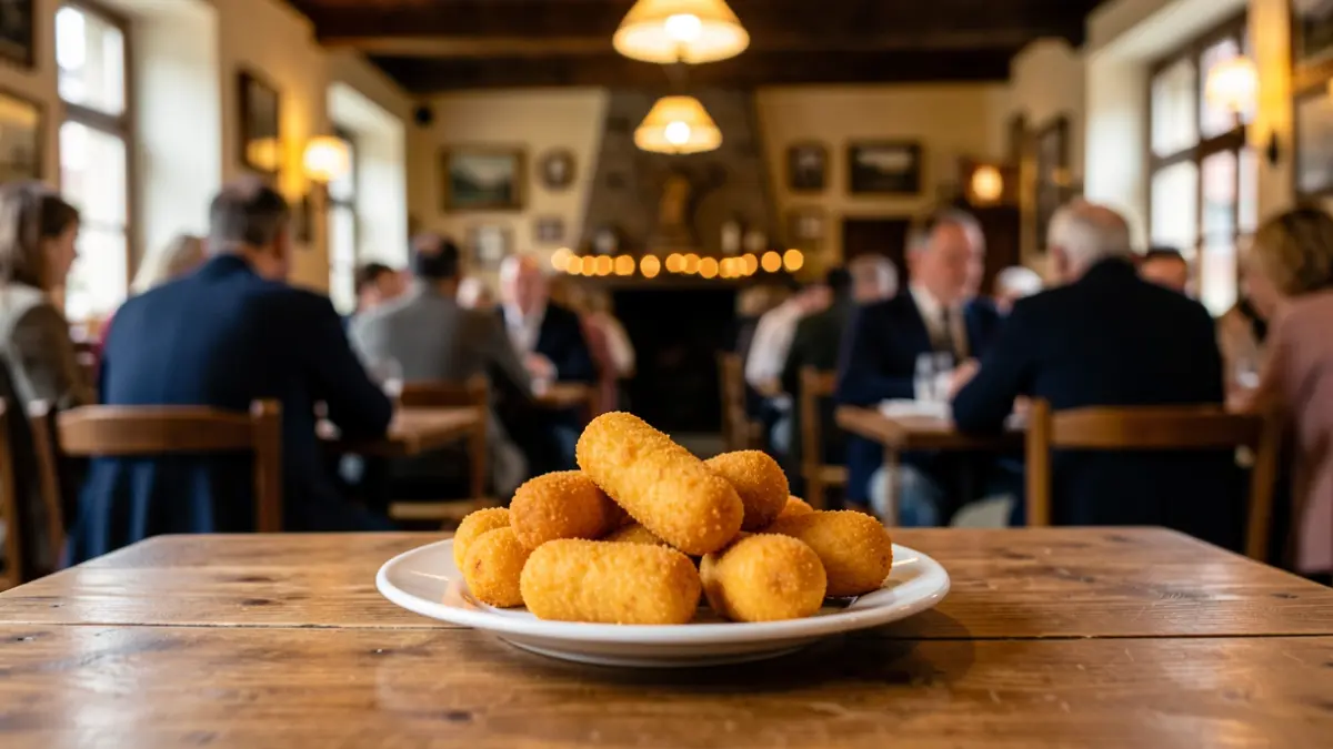 Imaxe dun prato de tequeños nunha mesa de madeira dun local de hostalería.