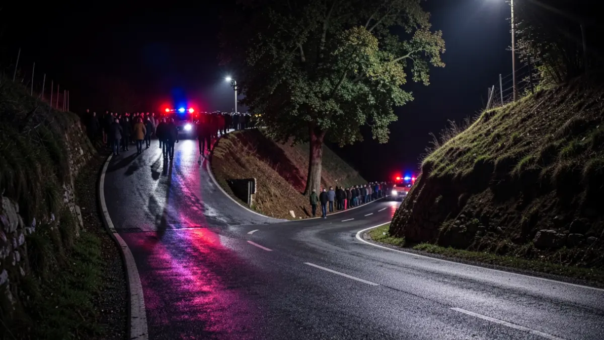 Imaxe xenérica dunha estrada perigosa en Galicia pola noite con luces de emerxencia.