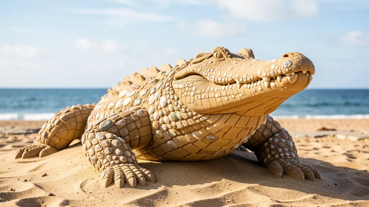 Escultura dun crocodilo de area na praia de Riazor, A Coruña.