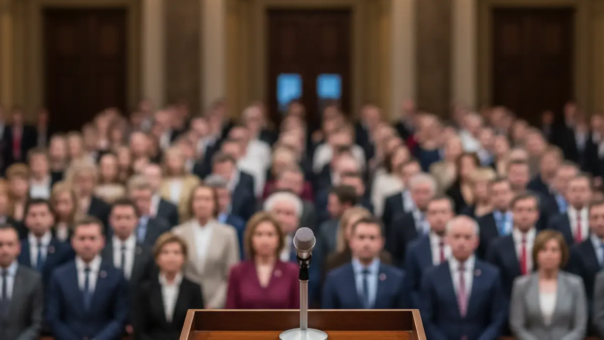 Imaxe xenérica dun micrófono nun podio, representando un anuncio político.