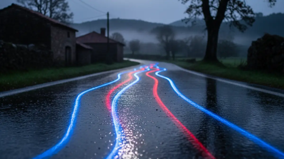 Imagen genérica de luces de emergencia reflejadas sobre asfalto mojado en un entorno rural gallego.
