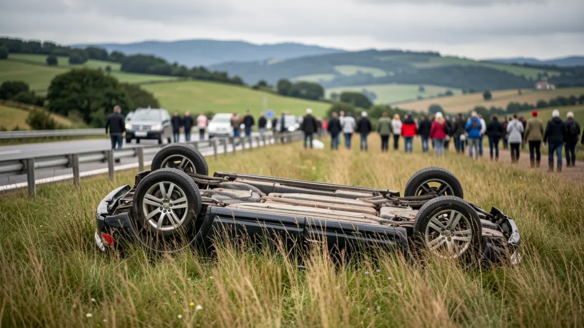 Imaxe dun coche accidentado nun prado con herba alta á beira da N-640.