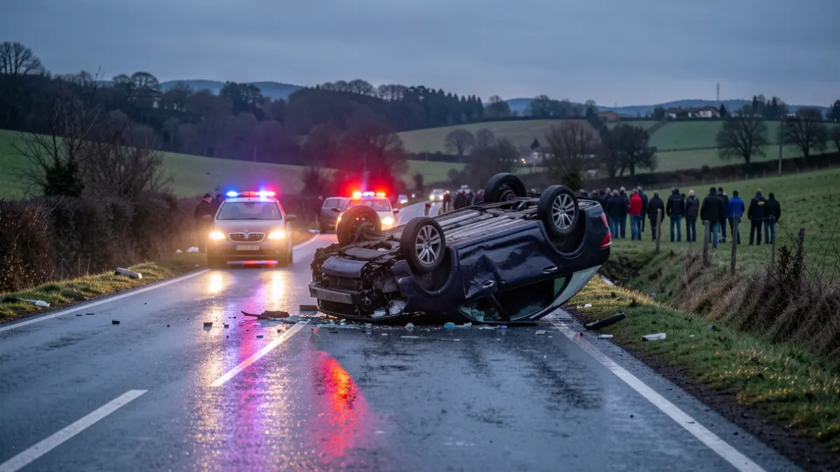 Imagen de un coche volcado en una carretera rural de Galicia con luces de emergencia.