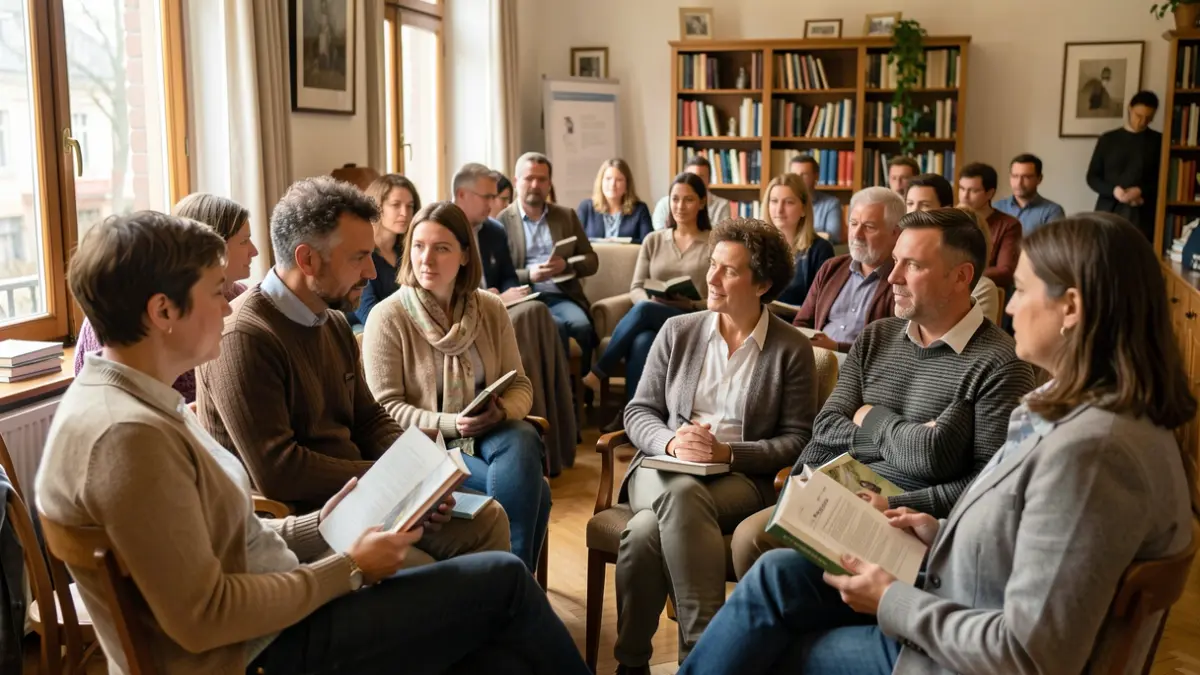Imaxe xenérica de persoas diversas dialogando arredor de libros.