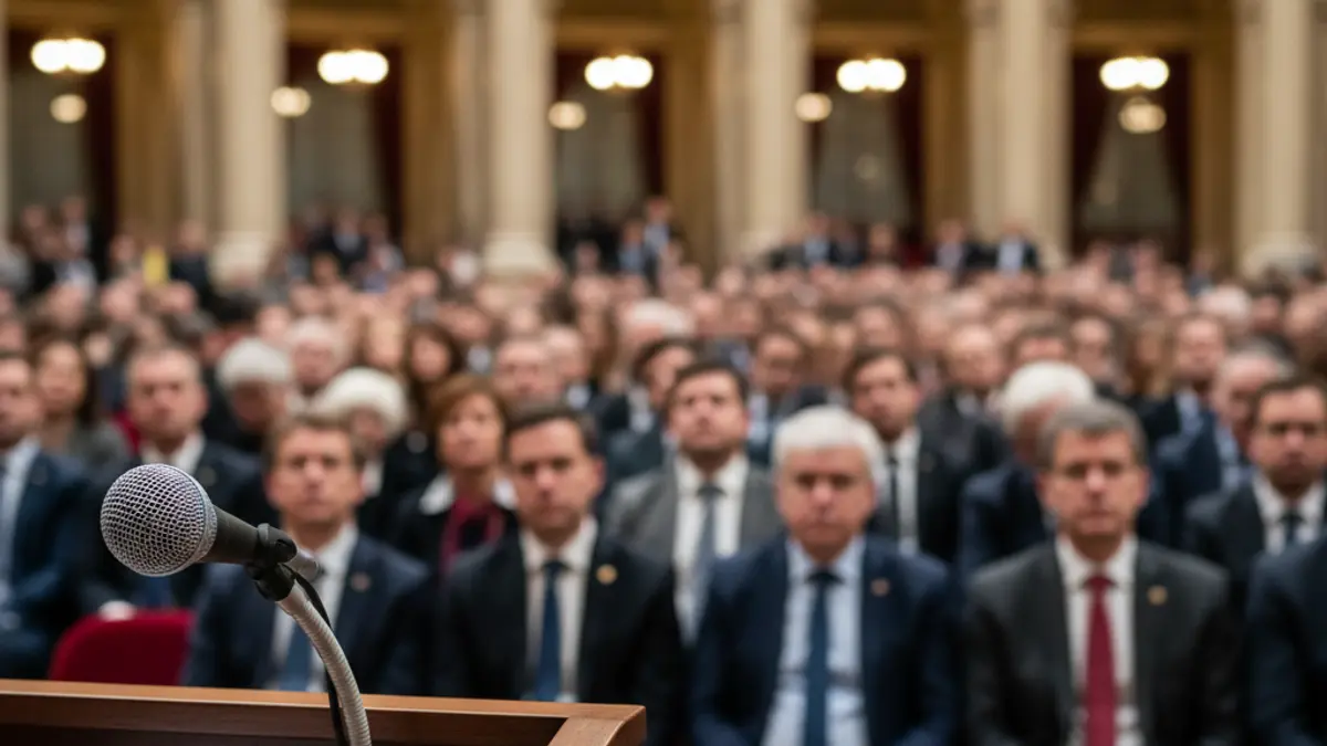 Imaxe xenérica dun micrófono nun podio, simbolizando un anuncio político.