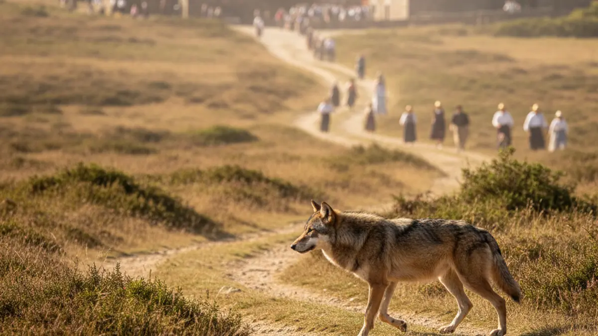 Imagen de un lobo cerca de un núcleo urbano en Galicia.