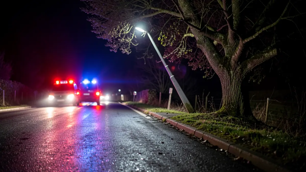 Imaxe dunha estrada mollada en Galicia pola noite con luces de emerxencia e un poste de farola roto preto dunha árbore.
