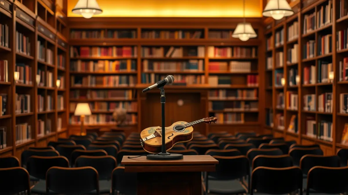 Imagen de un instrumento musical artesanal hecho a partir de un objeto cotidiano en un escenario de biblioteca.