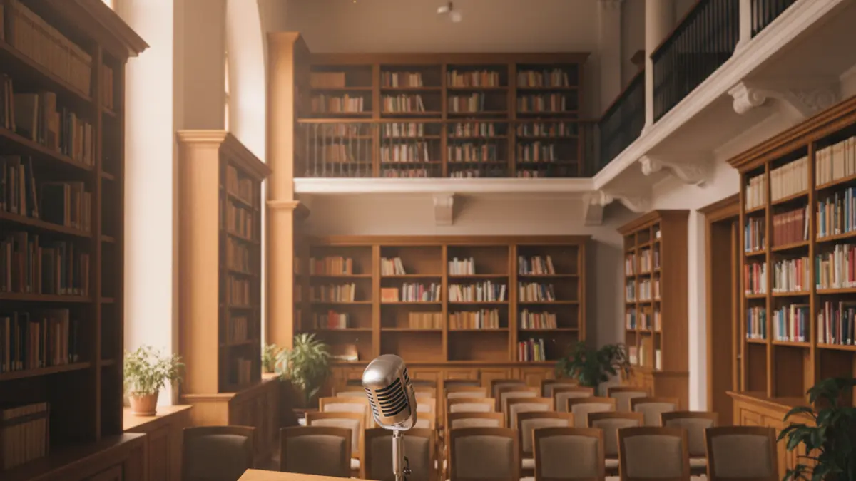 Imaxe xenérica dunha sala de presentacións ou biblioteca, con cadeiras baleiras e un micrófono, simbolizando un evento cultural.