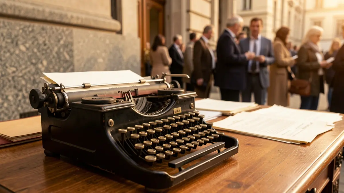Primer plano de una máquina de escribir antigua sobre un escritorio de madera, con documentos legales y fachada de granito desenfocados al fondo.