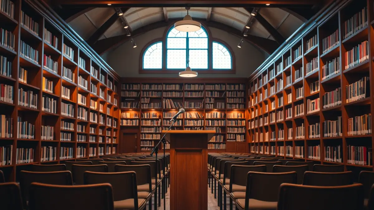 Imaxe xenérica dunha sala de conferencias ou biblioteca, con cadeiras baleiras e un micrófono nun atril.