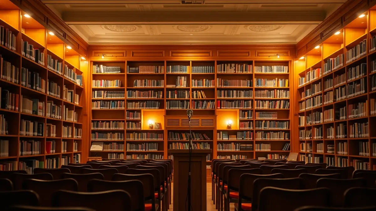 Imagen genérica de una sala de exposiciones o biblioteca, con estantes de libros y un ambiente acogedor.