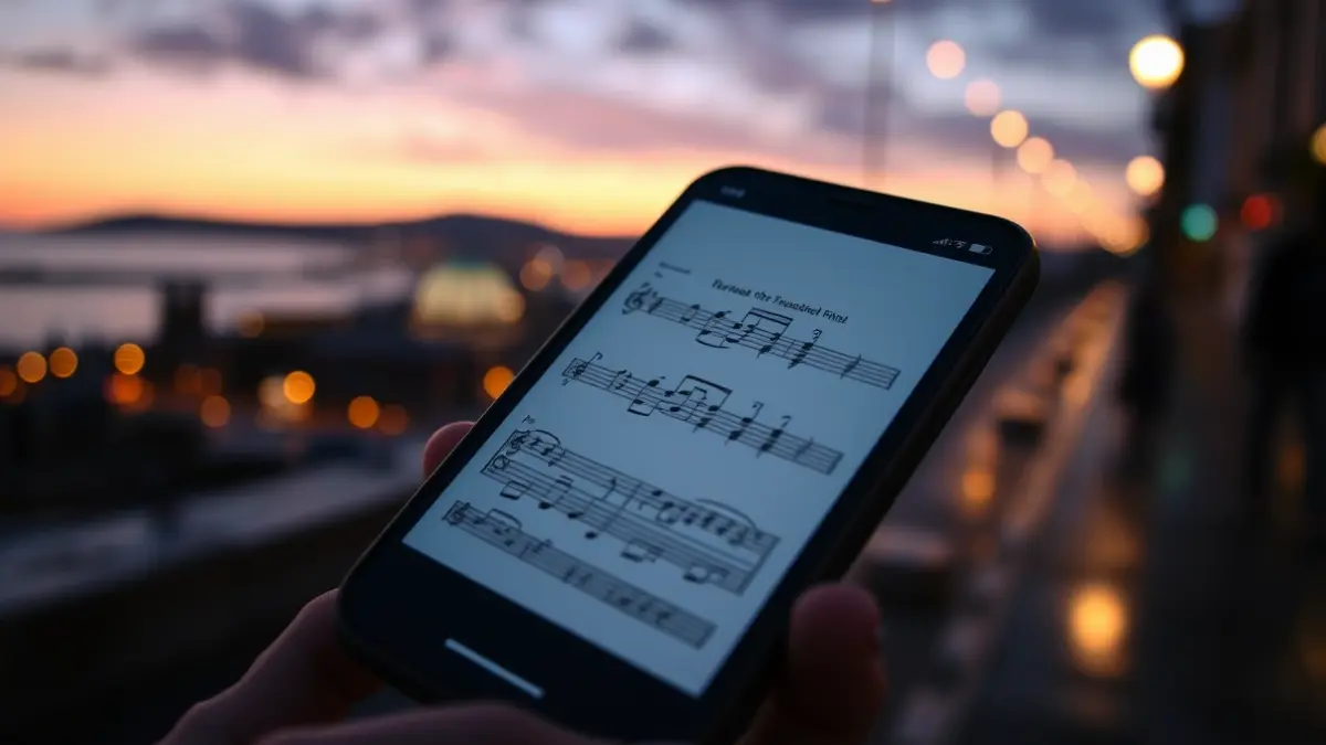 Imagen genérica de un teléfono móvil mostrando una canción, con la ciudad de A Coruña de fondo.