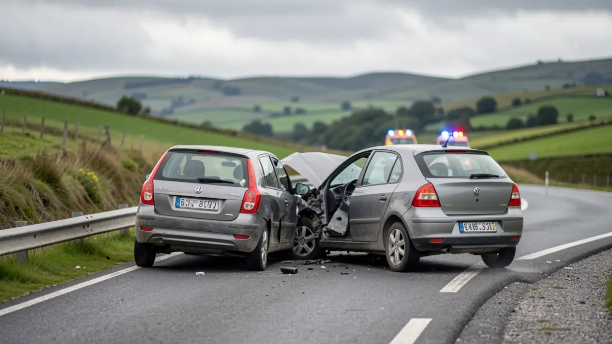 Imaxe xenérica dun accidente de tráfico con dous coches implicados nunha estrada galega.
