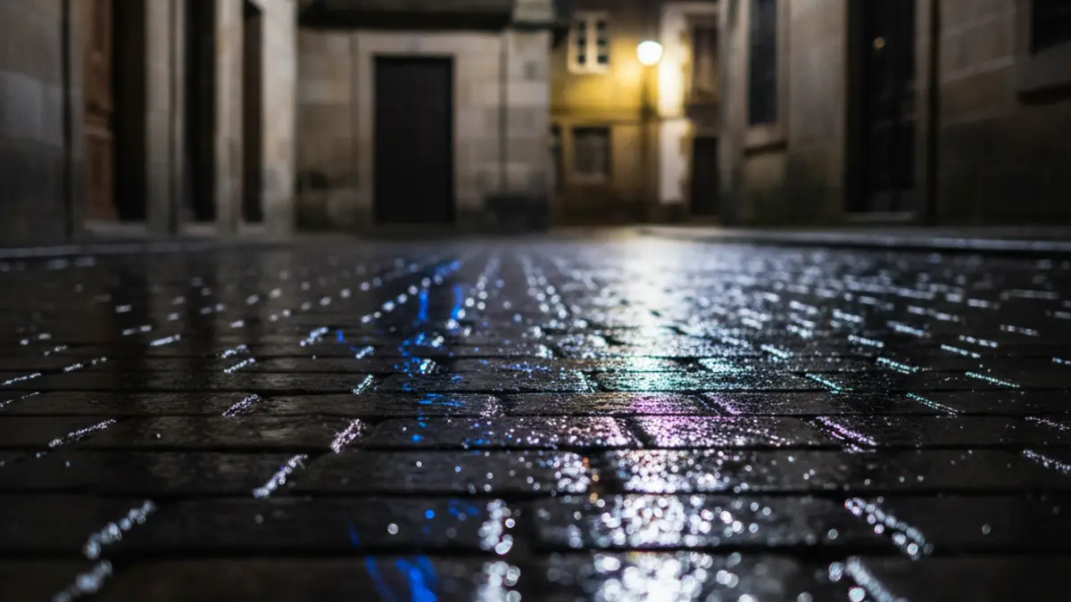 Imaxe xenérica de luces de emerxencia reflectíndose sobre o asfalto mollado.