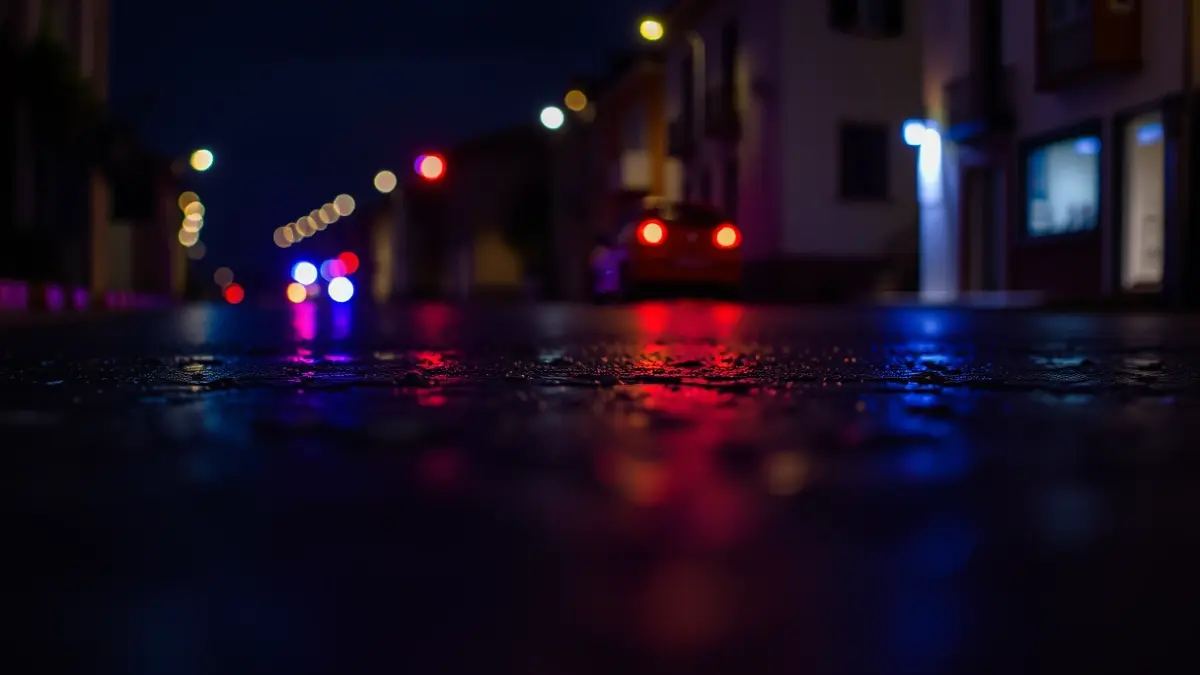 Imagen genérica de luces de emergencia reflejándose sobre asfalto mojado.