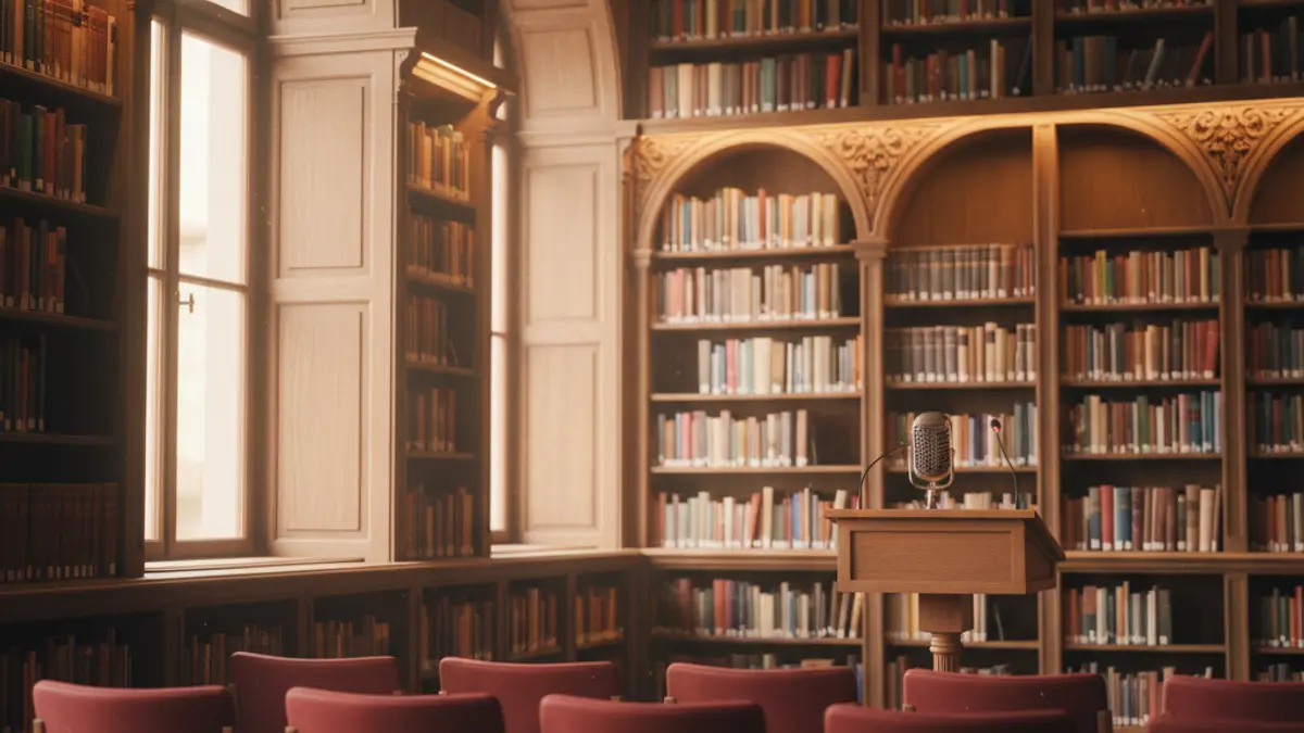 Imaxe xenérica dunha biblioteca acolledora con estantes de madeira e luz cálida.