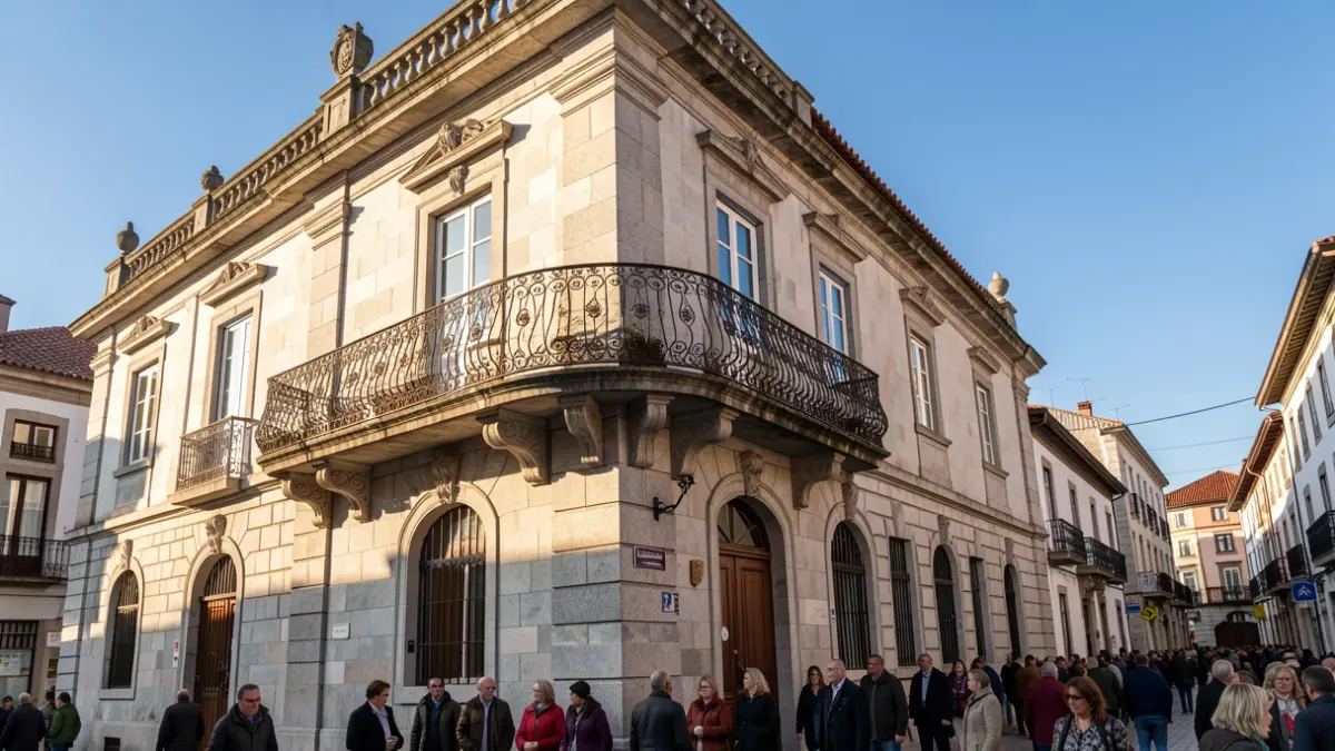 Imaxe xenérica dunha fachada de concello de granito galego con balcón de ferro, luz solar da tarde.