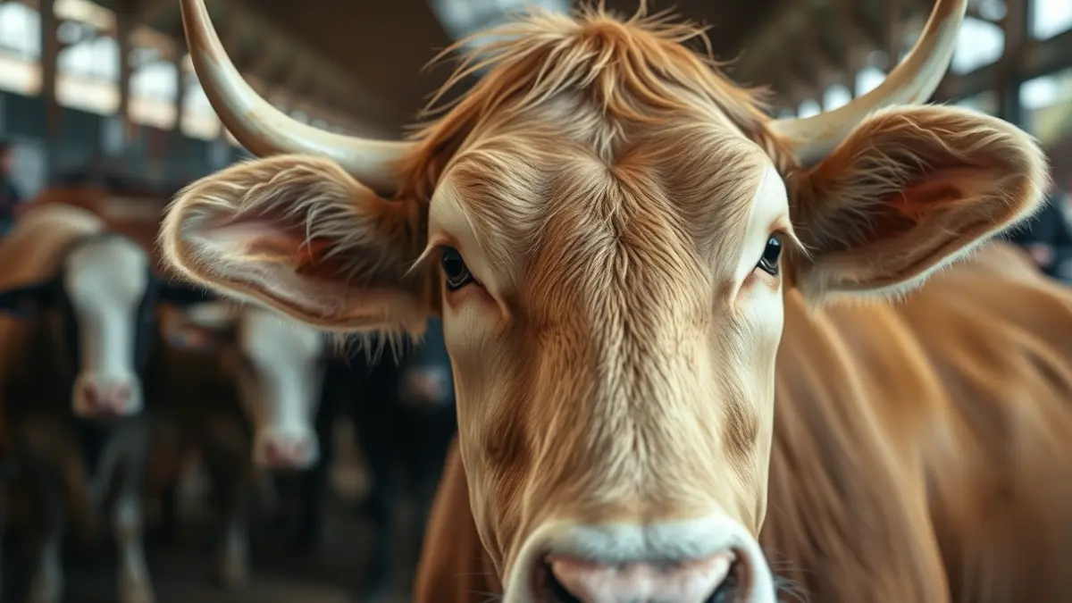 Imaxe dunha vaca rubia galega nunha poxa gandeira.