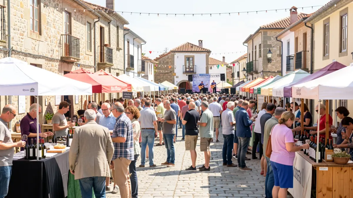 Imagen genérica de una fiesta del vino al aire libre en una plaza gallega con gente, puestos de degustación y música.