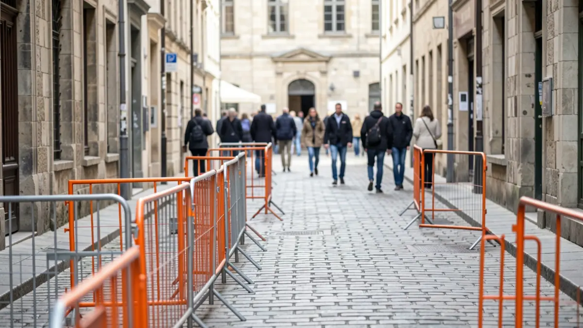 Imagen de una calle histórica cortada por obras con vallas de construcción.