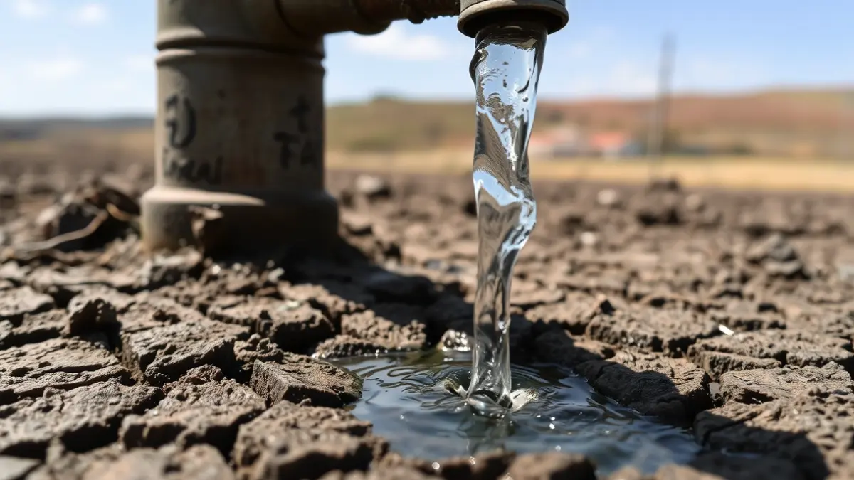 Imagen genérica de un grifo con poca agua y tierra seca, simbolizando la escasez.