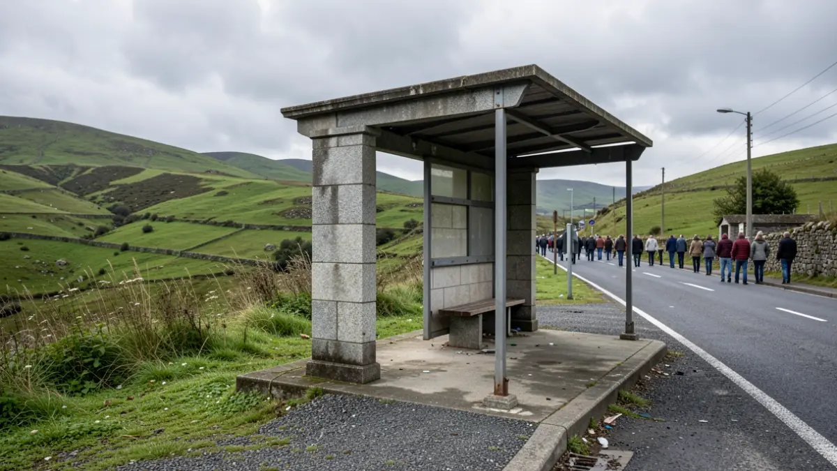 Imagen genérica de una parada de autobús rural vacía en Galicia.