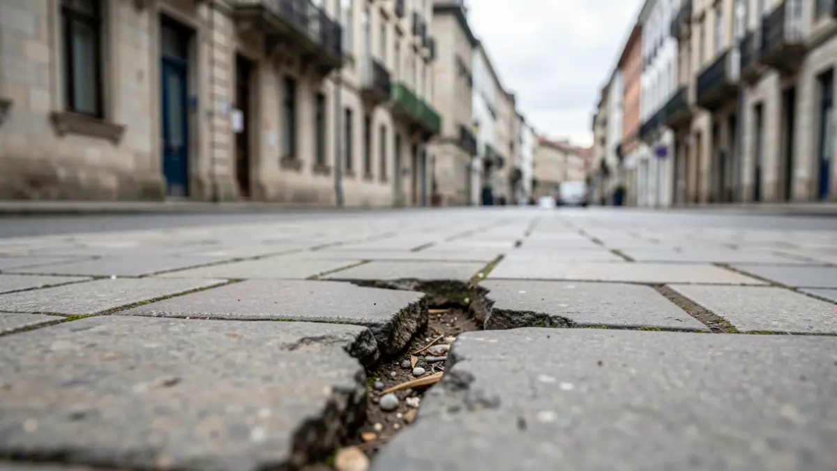 Primer plano de una loseta rota en una acera de Ourense.
