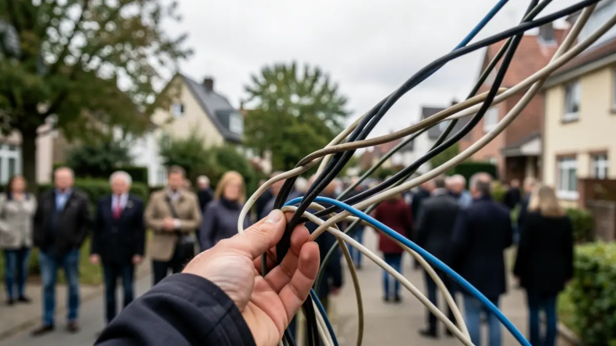 Imaxe xenérica de cables eléctricos mal colocados nun barrio.