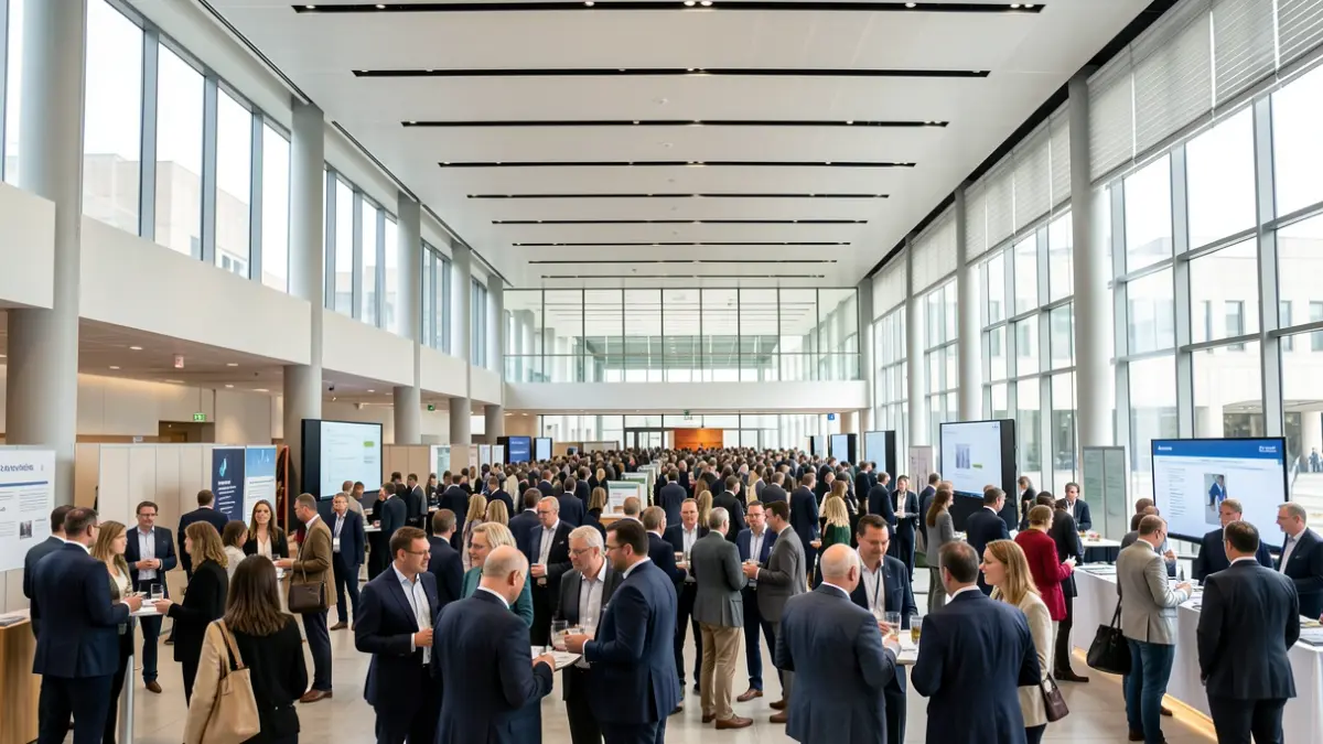 Imagen genérica de un evento empresarial con mucha gente y presentaciones.