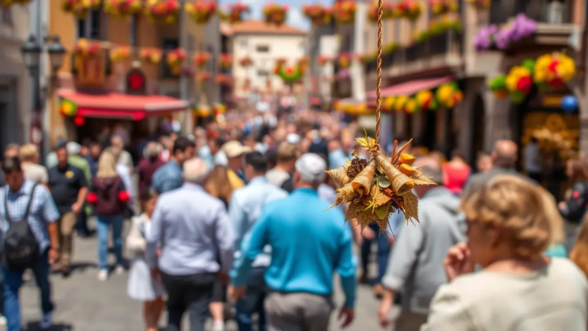 Imagen de la Festa dos Maios en Verín, con composiciones vegetales y ambiente festivo.