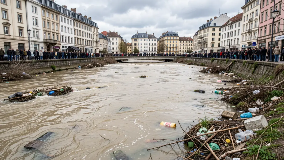 Imaxe xenérica dun río urbano contaminado con augas escuras e residuos.
