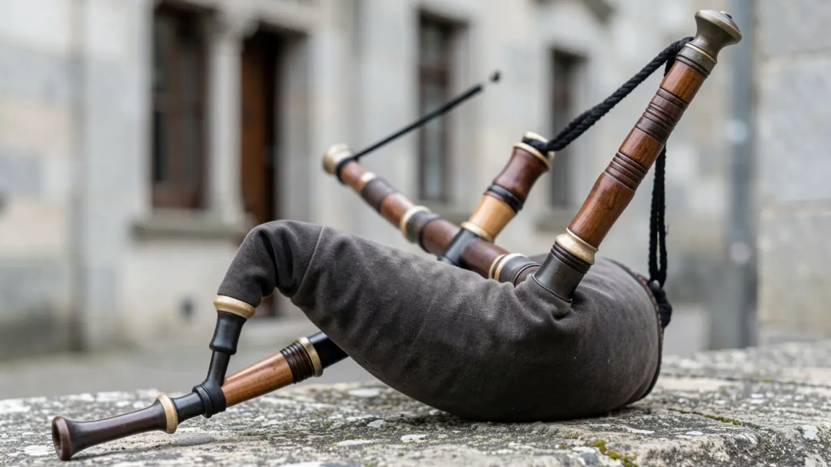 Primeira plana dunha gaita tradicional galega de madeira e metal sobre unha superficie de pedra.