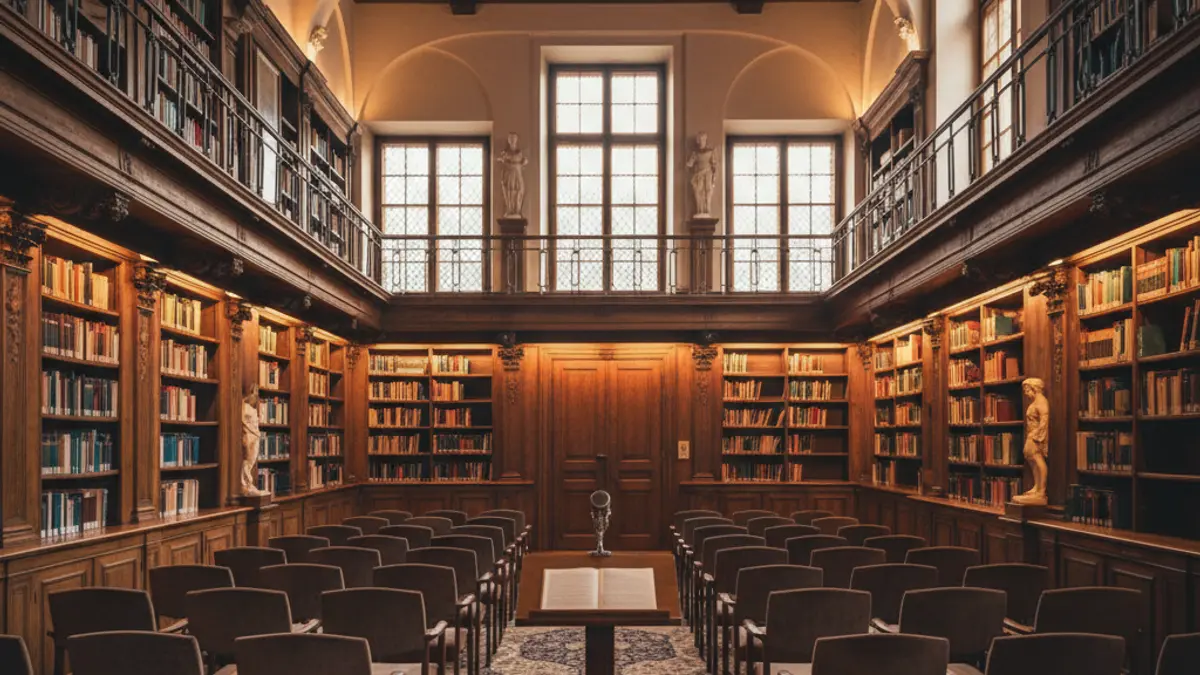 Imaxe xenérica dunha sala de actos ou biblioteca, con cadeiras baleiras e un micrófono nun podio.