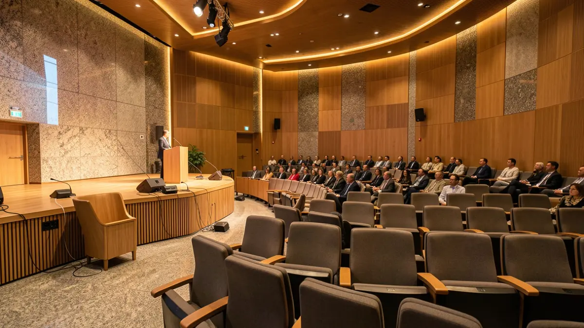 Imaxe xenérica dunha sala de conferencias moderna con escenario e asentos baleiros.