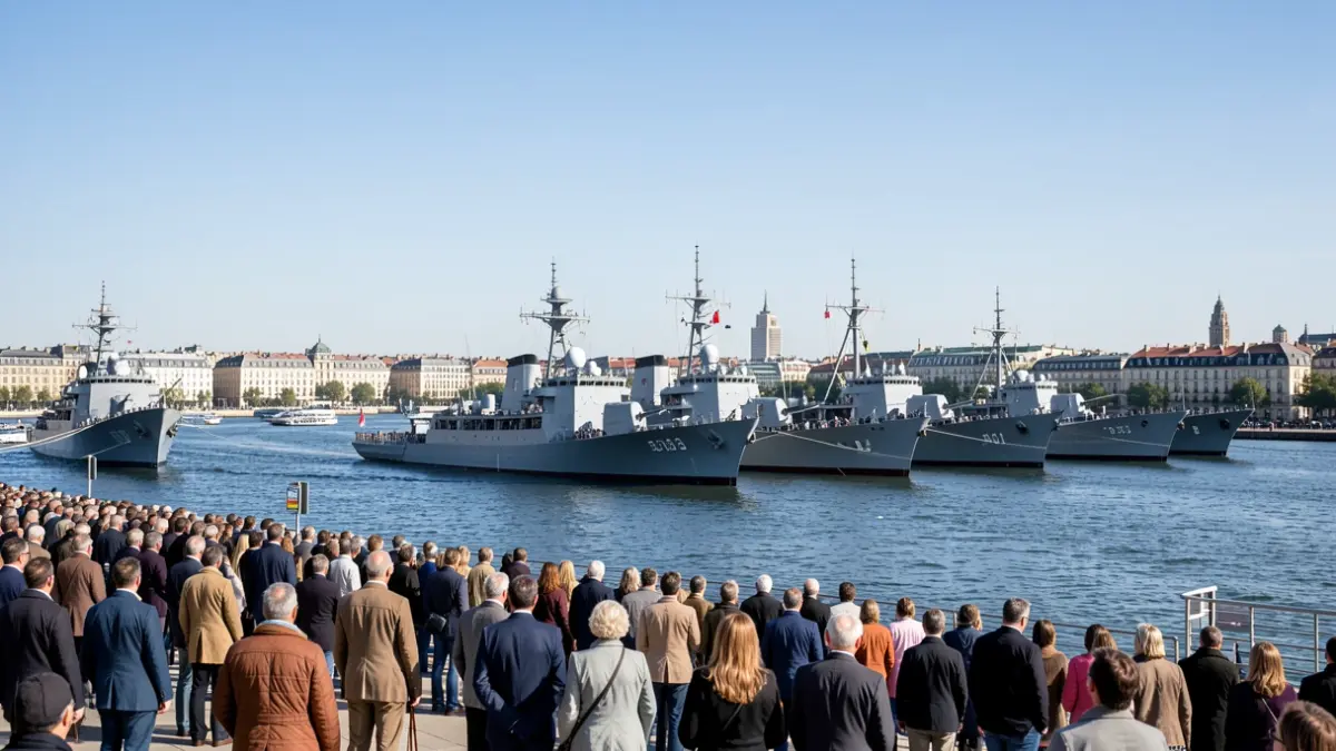 Imaxe xenérica dunha revista naval con barcos atracados nun peirao.