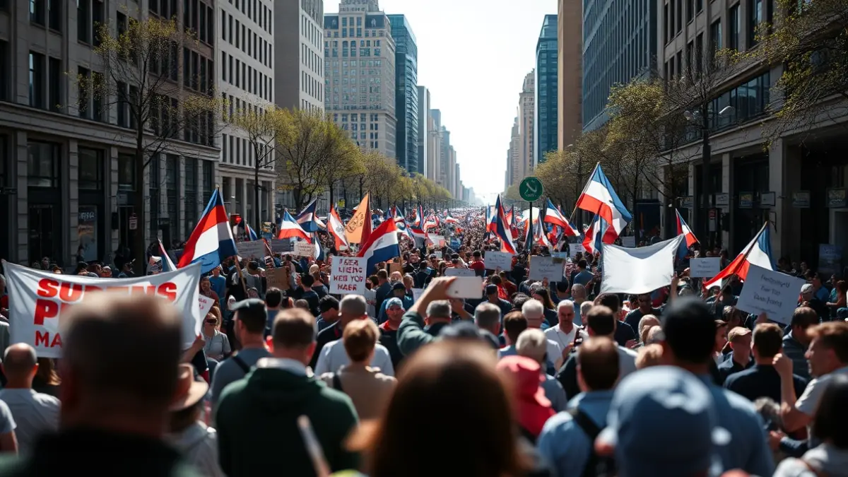 Imagen genérica de una manifestación con multitud de personas y pancartas en una calle de la ciudad.