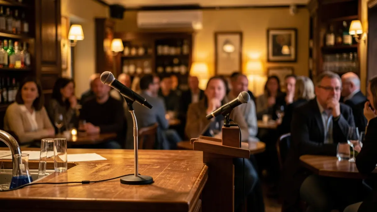 Imaxe dun ambiente de bar preparado para unha charla de divulgación científica.