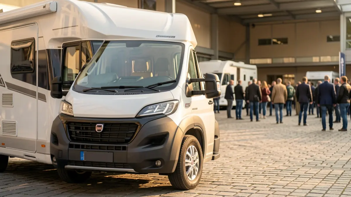 Imaxe dunha autocaravana nunha feira de caravaning.