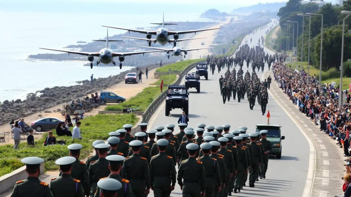 Imagen de un desfile militar con formaciones aéreas y terrestres en una avenida costera.