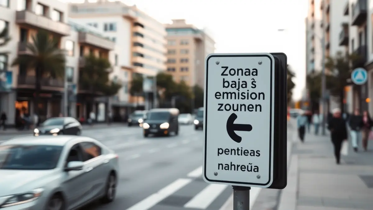 Imaxe dunha rúa urbana cun sinal de Zona de Baixas Emisións.