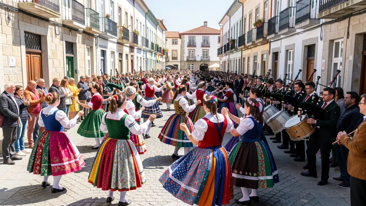 Personas bailando la muiñeira en la calle Venezuela de Vigo durante la celebración del Día da Muiñeira.