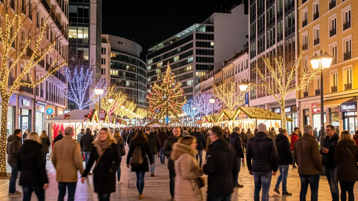 Imagen genérica de luces de Navidad en Vigo con gente disfrutando del ambiente festivo.